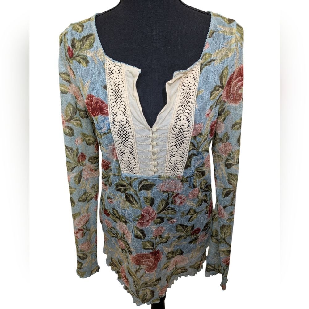 Denim & Supply Ralph Lauren Top Floral Bird Sheer Lace Lettuce Hem Size Large